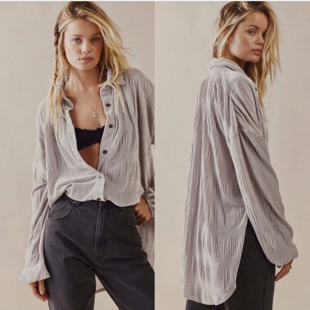 New Free People My Best Top Velvet Long Sleeve Button Down Shirt Chrome